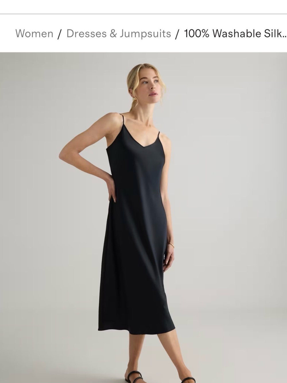Quince Black Silk Slip Midi Dress with Thin Straps